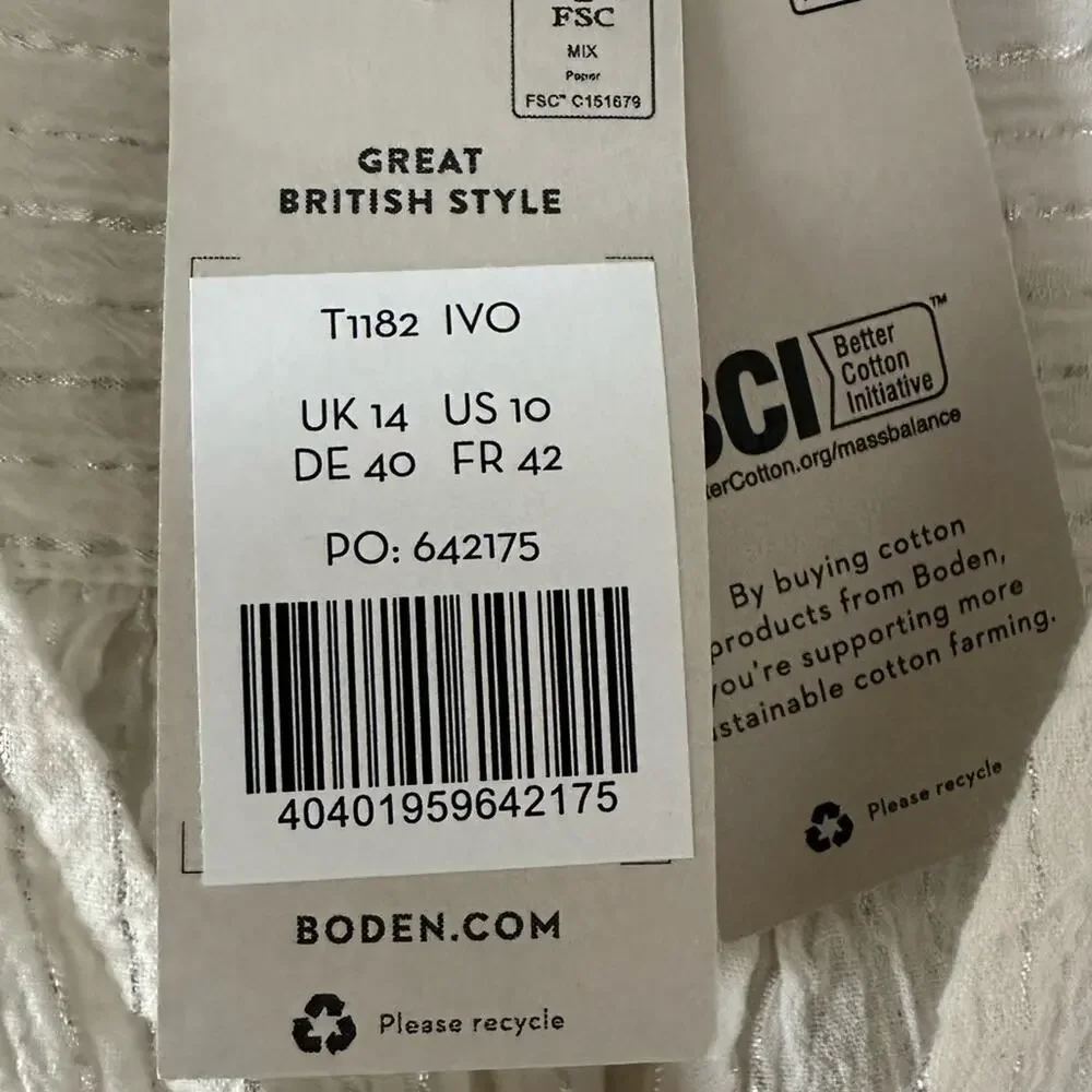 Boden Lurex Smocked Crop Top Ivory Crinkle NEW